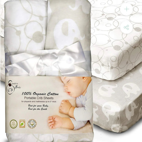 100% Organic Cotton Fitted Sheets for Pack ‘n Play and Other Portable Mini Cribs. 2 pack