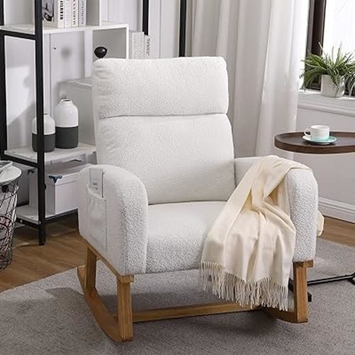 Rocking Chair Nursery, Sherpa Nursing Rocking Armchair for Mom Nursery Rocker Morden Rocking Chair with High Backrest for Living Room,Bedroom,Teddy Beige