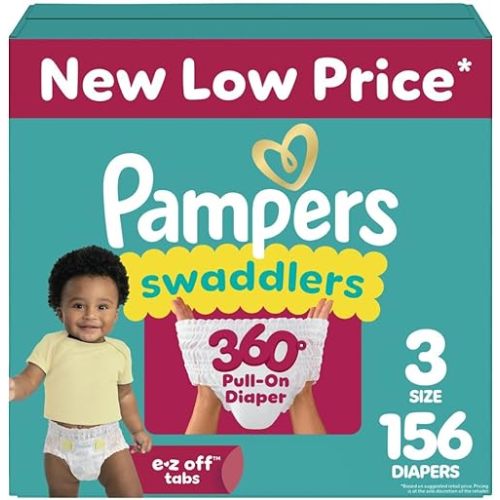 Pampers Diapers - Swaddlers 360° - Size 3, 156 Count, up to 100% Leakproof Comfy Dry Fit, Designed for Easy Changes, Pull On Baby Diaper (Packaging May Vary)