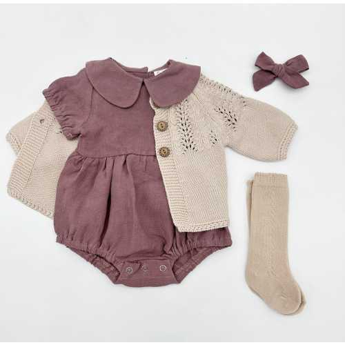 Baby Girl Linen Plum Peter pan Collar Bubble Romper | OPTION SETS socks + Bow + Cardigan | ALLIE