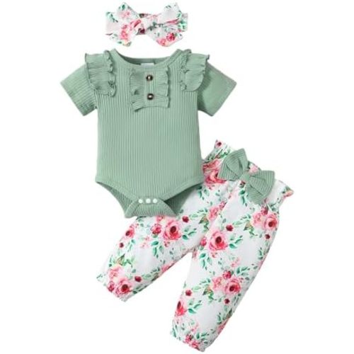 SUNNY PIGGY Baby Girl Clothes Infant Newborn Outfits Ruffle Short Sleeve Romper Tops Floral Pants Set With Headband
