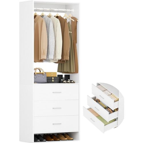 Aheaplus 2FT Closet System with 3 Drawers, 24’’ Closet Organizer, Wood Closet Organizer System, Walk-in Closet or Small Closets Wardrobe, Clothes Rack with Hanging Rods,-W2, White