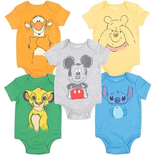 Disney Mickey Mouse Lion King Winnie the Pooh Pixar Toy Story Finding Nemo Baby 5 Pack Bodysuits Newborn to Infant