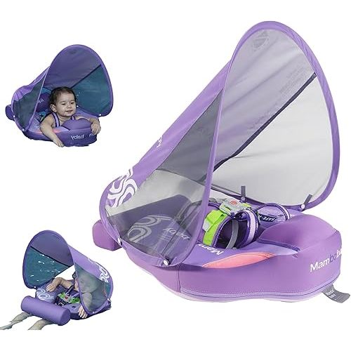 Mambobaby Float Baby Float with Canopy & Tail Non-Inflatable Infant Pool Floats Adjustable Safety Strap Toddler Swim Trainer (Purple)