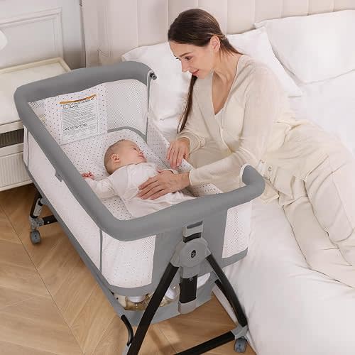 Baby Bassinet, 3-in-1 Bedside Bassinets for Baby, Bassinet Bedside Sleeper with Wheels, Baby Bassinet Bedside Crib with Breathable Mesh, Mosquito Net, 6 Height Adjustable, Large Storage Basket
