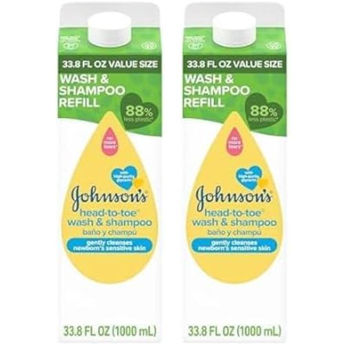 Johnson's Head-To-Toe Gentle Body Wash & Shampoo for Baby's Sensitive Skin & Hair, Tear-Free, Sulfate-Free & Hypoallergenic, Value Size Refill, 33.8 fl. oz (Pack of 2)
