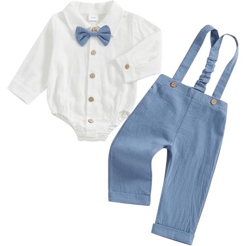 Infant Baby Boys Gentleman Outfits Long Sleeve Bowtie Romper+Suspender Overalls Pants Set Wedding Set Formal