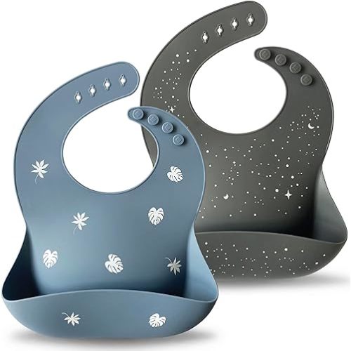 Moonkie Silicone Baby Bibs Set Of 2 | BPA Free Waterproof | Soft Flexible Adjustable Silicone Bibs for Babies & Toddlers(Tradewinds/Dark Grey)