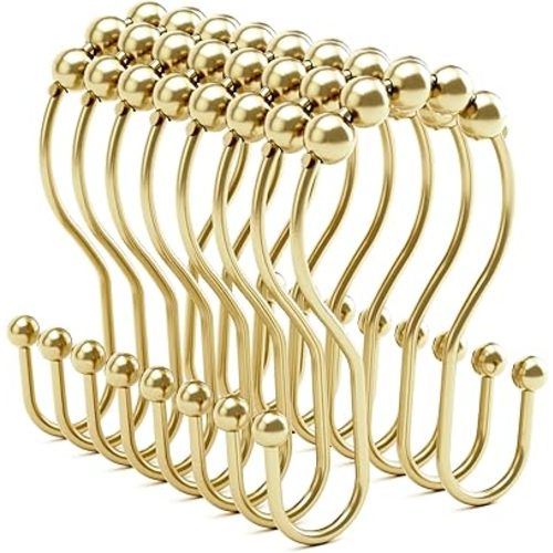 Gold Shower Curtain Hooks, Shower Curtain Hook Shower Curtain Rings Rust Proof Smooth Double Shower Curtain Hooks, Shower Hooks for Shower Curtain Bathroom Shower Rod Hook 12 Pcs