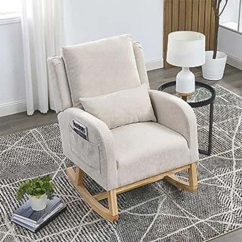Rocking Chair Nursery with Pillow, Nursery Rocking Chairs in Teddy Fabric with Wingback & Armrest, Built-in 2 Side Pockets, Comfy Nursery Glider Nursing Chair Armchair for Living Room, Bedroom, Beige