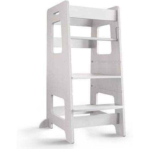 Kitchen Step Stool, WOOD CITY Toddler Kitchen Stool Helper with Safety Rail, Height Adjustable Child Standing Tower Learning Stool for Kitchen Counter and Bathroom Sink (White)
