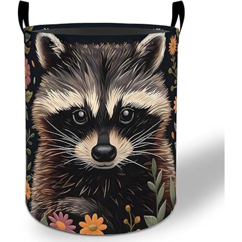 Raccoon Laundry Basket Hamper 19.7"x15.8", Cute Animal Foldable Waterproof Oxford Clothes Storage Bucket for Room Bathroom Bedroom Nursery Decor, Toy Organizer Bins Gifts for Kids Boys Girls