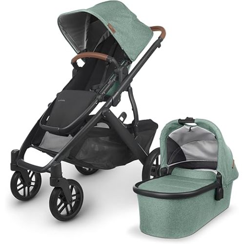 UPPAbaby Vista V2 Stroller/Convertible Single-to-Double System/Bassinet, Toddler Seat, Bug Shield, Rain Shield, and Storage Bag Included/Gwen (Green Mélange/Carbon Frame/Saddle Leather)