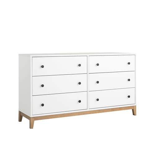 Prepac Nordik Dresser, White & Oak Dresser for Bedroom, Chest of Drawers with 6 Drawers, 16" D x 54.75" W x 30" H, WODBR-2206-1