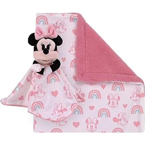 Disney Minnie Mouse White, Pink, and Aqua Rainbows and Hearts Super Soft Sherpa Baby Blanket and Security Blanket 2-Piece Set