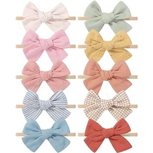 doboi 10PCS Baby Girls Headbands Hair Bows Nylon Cotton Linen Hairbands Handmade Hair Accessories for Newborn Infant Toddlers Little Girl and Kids 3.5Inches