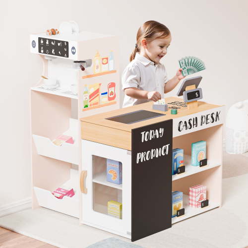 Ktaxon Grocery Store Pretend Play, Wooden Kids Grocery Store Playset w/15 PCS Accessories, Cash Register, Coffee Vending Machine, Blackboard, Pretend Play Store Gift for Toddler Boys Girls
