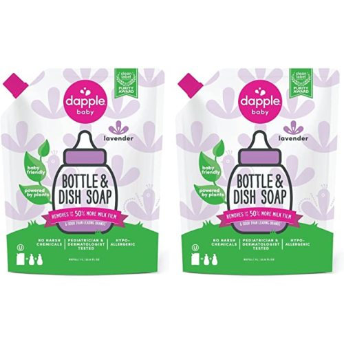 Dapple Baby Bottle Soap, Hypoallergenic Dish Soap for Baby Bottles, Powered by Plants, Lavender, 34 Fl Oz Refill (Pack of 2)