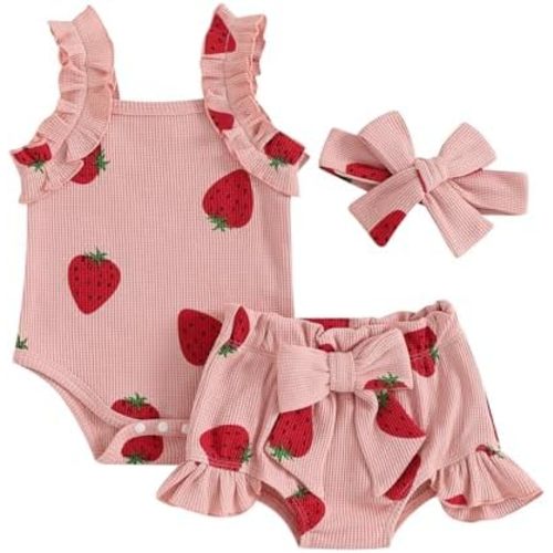 Kaipiclos Cherry Baby Outfit Newborn Infant Girl Clothes Rib Knit Romper & Shorts Waffled Baby Clothes for Girls 0 3 6 12 18M