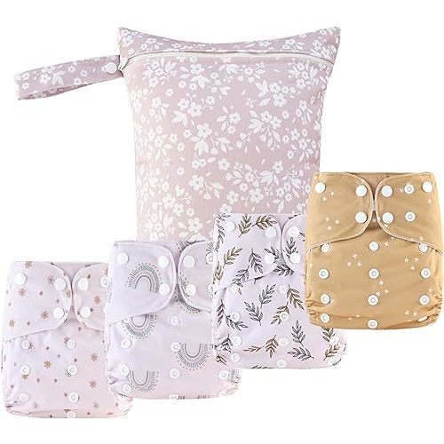 9 Sets Newborn Baby Cloth Pocket Diapers One Size Adjustable Reusable for Baby Boys and Girls(6-33 pounds,0-3 Years),One Wet Bag+4Diapers and 4Inserts