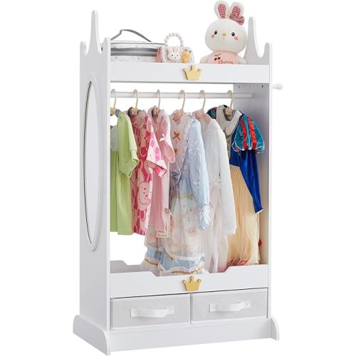 Kids Dress Up Storage with Mirror, Kids Armoire with Non-Woven Drawers, Open Costume Closet with Hanging Rack for Toddlers (White)