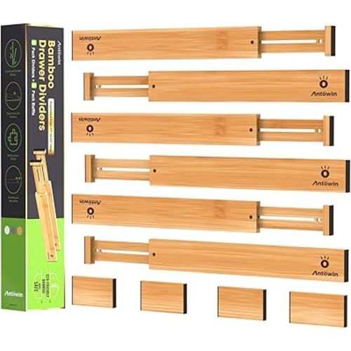 ANTOWIN Bamboo Drawer Dividers, Expandable Drawer Separators Splitter, 17-22 inches Adjustable Spring-loaded Organizer for Large Utensil, Clothes, Tools Drawers, 6 Pack Dividers + 4 Pack Baffle