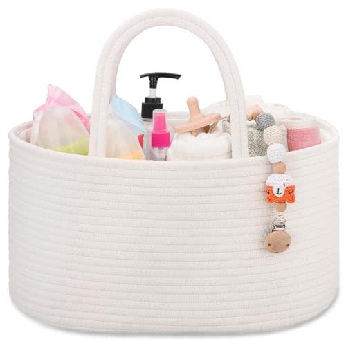 COMSE Baby Diaper Caddy Organizer, Rope Diaper Basket, Baby Car Organizer, Diaper Change Organizer, Gift Baskets Empty, Baby Shower Gifts Newborn Essentials Registry Must Have, White