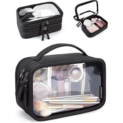 BAGSMART Double Layer Clear Makeup Bag, TSA-Approved Toiletry Bag, Large Opening with Handle, Cute Water-Resistant Travel Cosmetic Bag with Double Zipper for Car Essentials(Black)