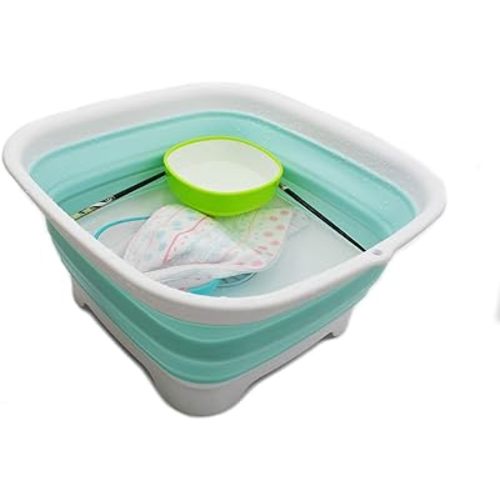 SAMMART 9.3L (2.46Gallon) Collapsible Dishpan with Draining Plug - Foldable Washing Basin - Portable Dish Washing Tub - Space Saving Kitchen Storage Tray (1, White/Lake Green)
