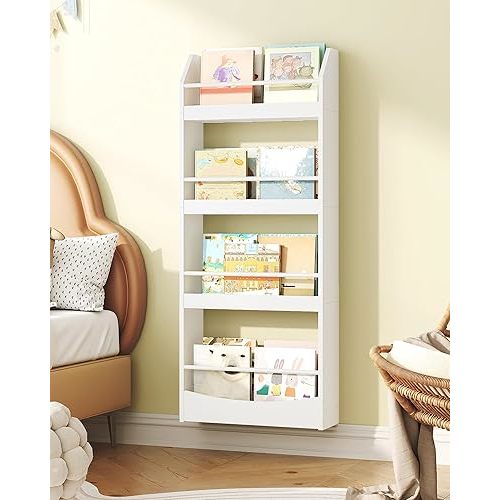 Kids Bookshelf, 4-Tier Wall Mounted Bookshelf for Kids, Nursery Book Shelves, Book Shelf for Kids Room, Bedroom, Living Room, Playroom, White MCW04WB