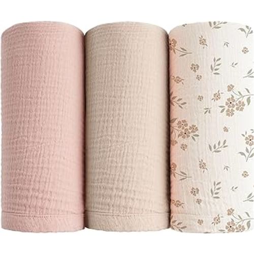 Konssy Muslin Swaddle Blankets for Baby Girls Boys 3 Pack, Receiving Blanket Large 47 x 47 inches, Soft Breathable Muslin Baby Blanket for Unisex Newborn (Blossom)