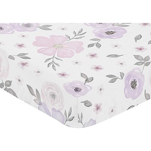 Sweet Jojo Designs Lavender Purple, Pink, Grey and White Baby or Toddler Fitted Crib Sheet for Watercolor Floral Collection - Rose Flower