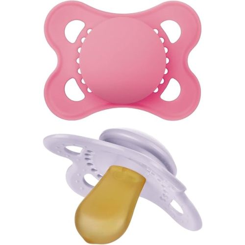 MAM Original Pure Pacifier, Climate Neutral MAM Natural Rubber Pacifier, Sustainable & Bio-Renewable Raw Materials, Sterilizer Case, Girl, 0-6 Months, 2-Pack