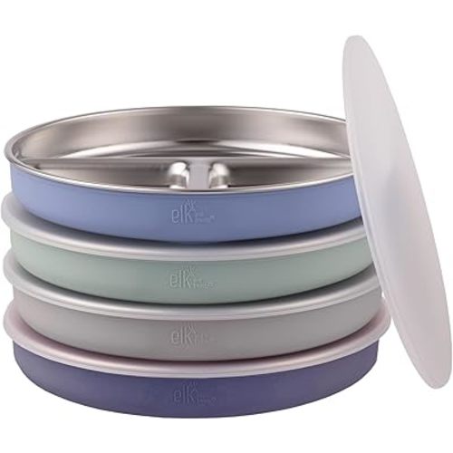 Elk and Friends Stainless Steel Divided Plates with Silicone Sleeve for Babies & Toddlers | Lids Included | Stay Put Suction | Dinner & Snack Plates | 4 Pack