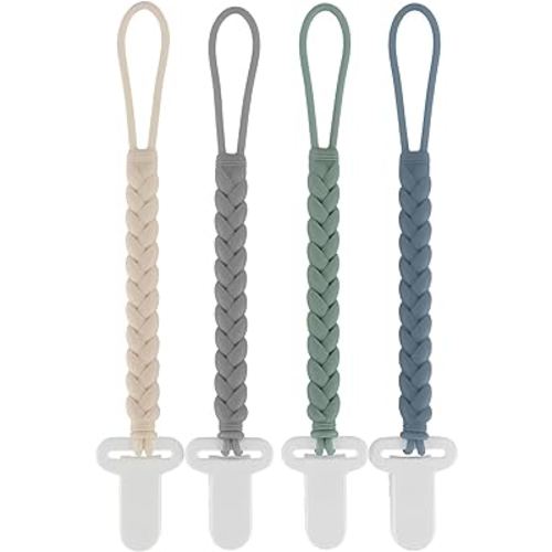 4-Pack Silicone Pacifier Clips with a Woven Rope Shape for Baby Boys and Girls - Flexible and Rust-Free Holders for Teething Relief and Baby Essentials, Safe for Newborns (Grey)