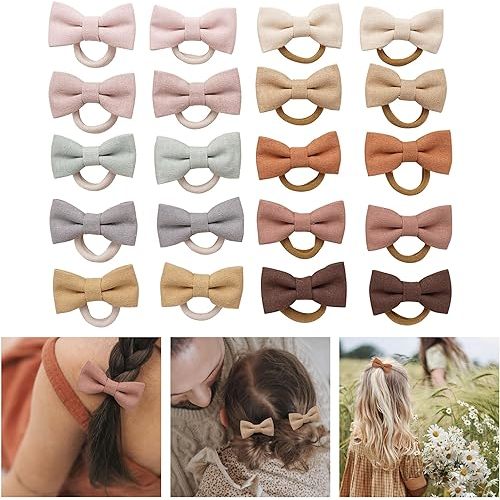 Baby Toddler Girls Hair Ties with Linen Bows, 20 pcs No Damage Elastic Nylon Ponytail Holders, Small Hair Accessories for Thick or Thin Hair