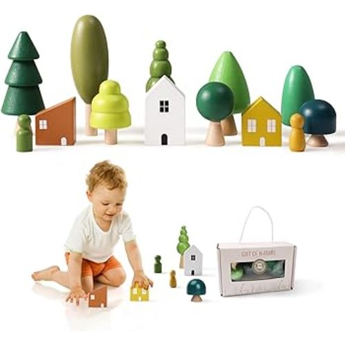 Wooden Forest House 12 Pieces Mini Wooden Tree Toy Set with Stacking Blocks for Cake Topper Decor, Natural Wooden Preschool Educational Montessori Toys