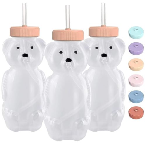 Honey Bear Straw Cups for Babies 3 pack, 8oz honeybear straw cup with improved safety lid design, Straw learning therapy cup. Leak-Proof & Food-Grade & BPA Free (PURPLE)