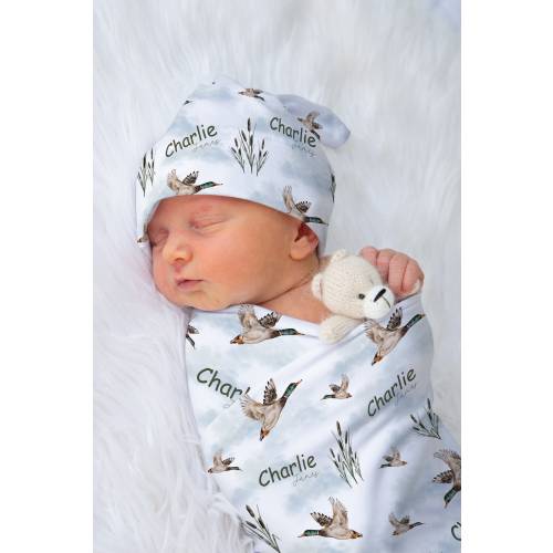 Ducks Swaddle Blanket Set, Newborn Hospital Custom Name Swaddle For Boy, Mallard Duck Hunting Swaddle Blanket, Ducks Baby Shower Gift