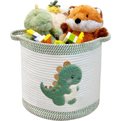 Toy Storage Basket(12"x12"), blanket basket, Cotton Rope Woven Laundry Hamper with Cute Embroidered Dinosaur for Nursery, Living Room, Laundry (Dinosaur)