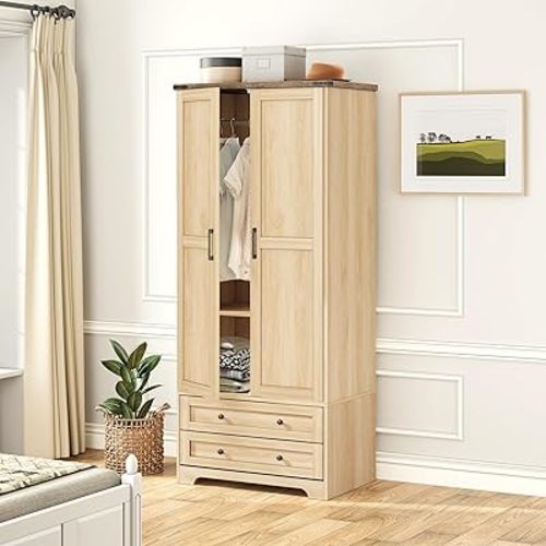 Brafab Wooden Armoire Wardrobe Closet with 2 Modern Doors, 71" Tall Freestanding Closet Wardrobe Cabinet with Drawers and Hanging Rail, Storage Cabinet with Shelve for Bedroom (Natural, 2 Doors)