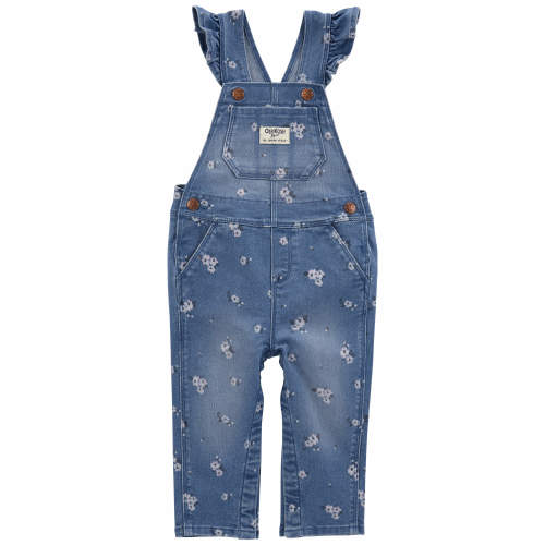 Baby Floral Print Ruffle Stretch Denim Overalls - Style,Blue