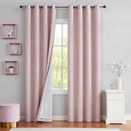 Pink Solid Full Blackout Curtain Heavy Linen Texture Window Treatment for Bedroom Energy Efficient Thermal Insulated Drapes 8 Grommets Top for Living Room with Liner, Pink, 50" x 95", 2 Panels