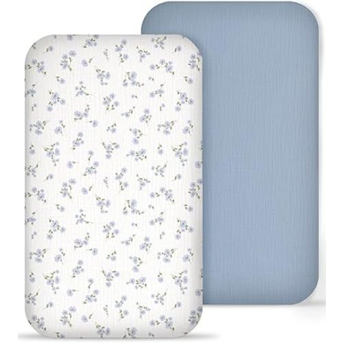 Muslin Bedside Bassinet Sheets 2 Pack, 33x20 Fitted Ultra Soft & Breathable Bedside Sleeper Sheets, Ideal for Baby Girl and Boy, Perfect for Newborns (Bluebell Bloom & Light Blue)