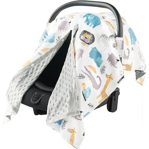 Baby Car Seat Cover - Car seat Covers for Boy Girl, Opening Peek a Boo Minky Infant Car Seat Covers for Winter, Warm Cozy Baby Nursing Cover with Windproof Design - Animal World