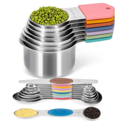 JOYHILL Magnetic Stainless Steel Measuring Cups and Spoons Set of 16 Piece, Nesting Metal Measuring Cups Set with Soft Touch Silicone Handles for Cooking & Baking, Multicolor