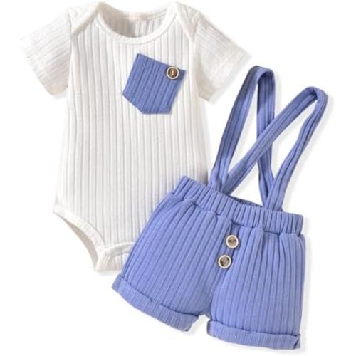 Unutiylo Baby Boy Outfits 0-12 Months Short Sleeve Romper Suspenders Pants Spring Summer clothes