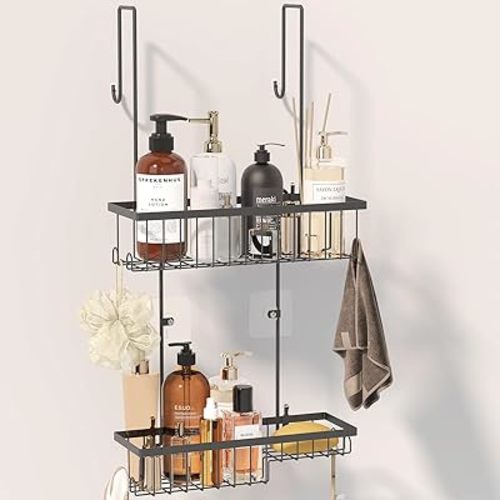 Fixwal Hanging Shower Caddy Over the Door with Soap Holder, No Drilling Adhesive Bathroom Storage Organizer Rack with 10 Hooks Hanging Shelf Basket Rustproof Waterproof Anti-Swing, 2 Tiers