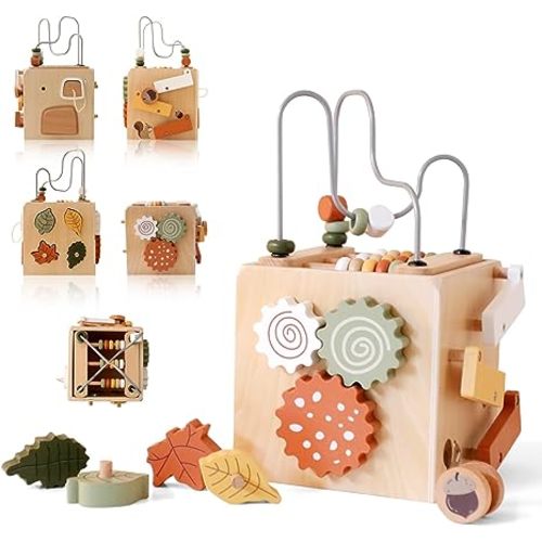 Macabaka Montessori Baby Activity Cube for Toddlers, 5 in 1 Large Wooden Activity Center with Bead Maze Shape Sorter, Educational Learning Abacus Toy for Kids, Sorting & Stacking Board for Boys Girls