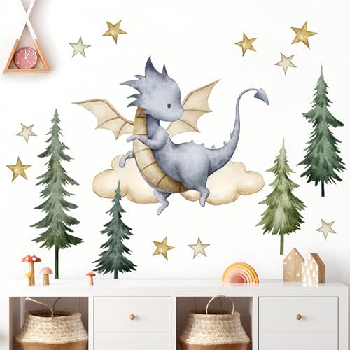 Buiory Removable 3D Dragon Wall Decals DIY Peel and Stick Tree Star Wall Stickers Watercolor Dinosaur Cloud Mural Art Decals for Kids Bedroom Living Room Wall Decor (A)